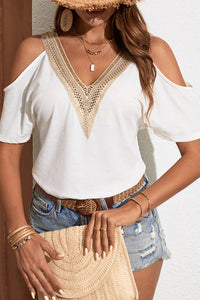 White Contrast Guipure Lace Cold Shoulder Tee-5