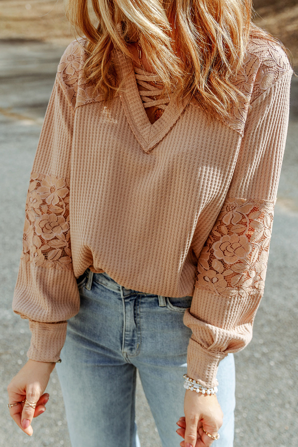 Apricot Lace Waffle Patchwork Strappy V Neck Long Sleeve Top-4