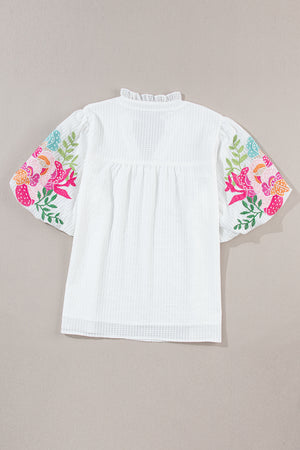 White Floral Embroidered Puff Sleeve Notched Neck Blouse-11