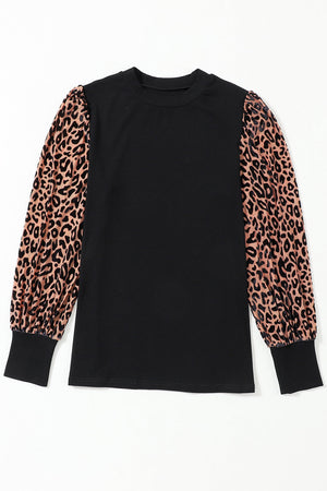 Black Leopard Print Long Sleeve Ribbed Knit Blouse-20