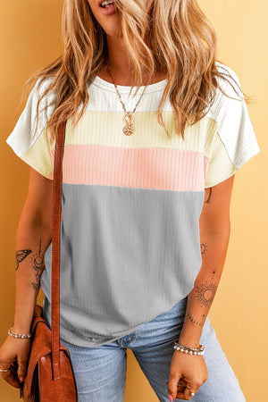 Gray Ribbed Color Block Patchwork T-shirt-4