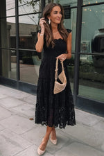 Black Lace Smocked Bodice Sleeveless Midi Dress-7