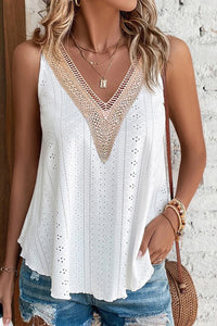 White Lace Crochet Splicing V Neck Loose Fit Tank Top-0