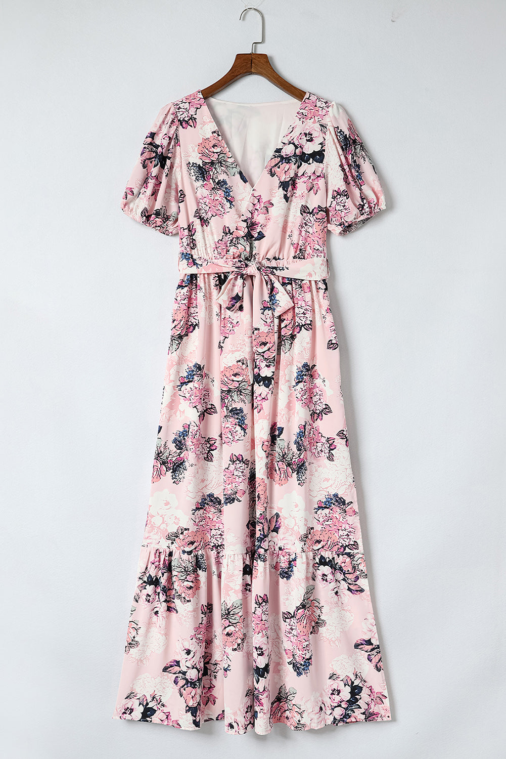Pink Floral Puff Sleeve High Waist Maxi Dress-10