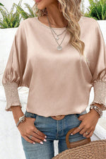 Smoke Gray Shirred Dolman Sleeve Satin Blouse-0