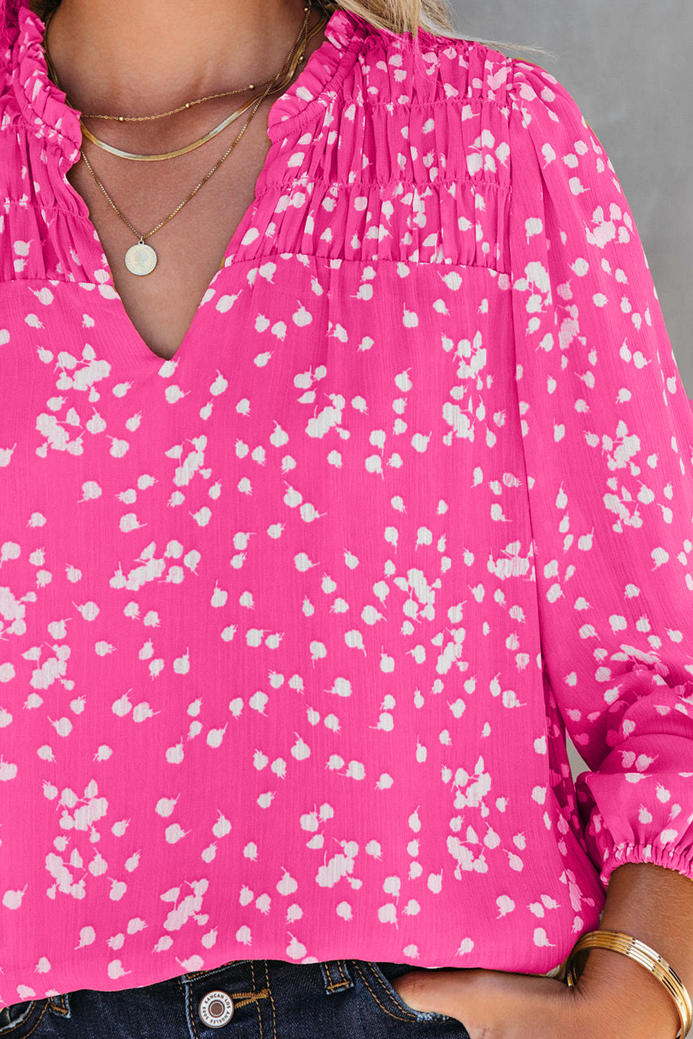 Pink Split Neck Fall Printed Crinkled Blouse-8