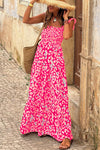 Pink Leopard Ruffle Straps Smocked High Waist Long Dress-0