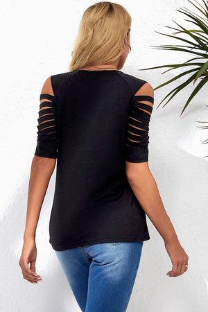 Black Fishnet Splicing Strappy Cutout Shoulder Sleeve Top-1