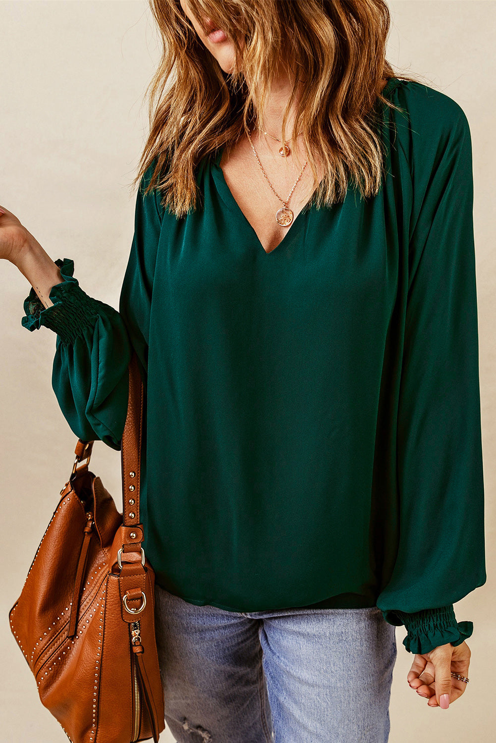 Green Pleated V Neck Puffy Sleeve Blouse-0
