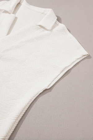 White Textured V Neck Collared Short Sleeve Top-9