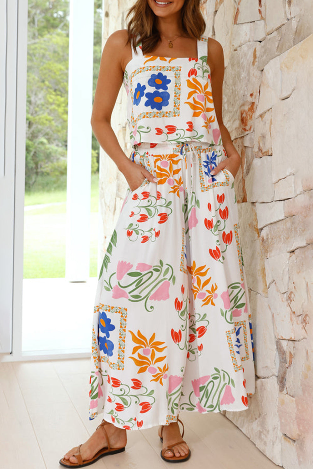 White Square Neck Tank and Wide Leg Pants Floral Set-0