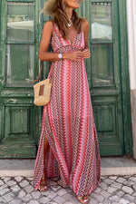 Red Halter Neck Tribal Boho Printed Backless Maxi Dress-0