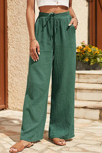 Mist Green Crinkle Textured Drawstring High Waist Wide Leg Pants-0