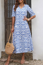 Sky Blue V Neck Casual Geometric Print Maxi Dress-4