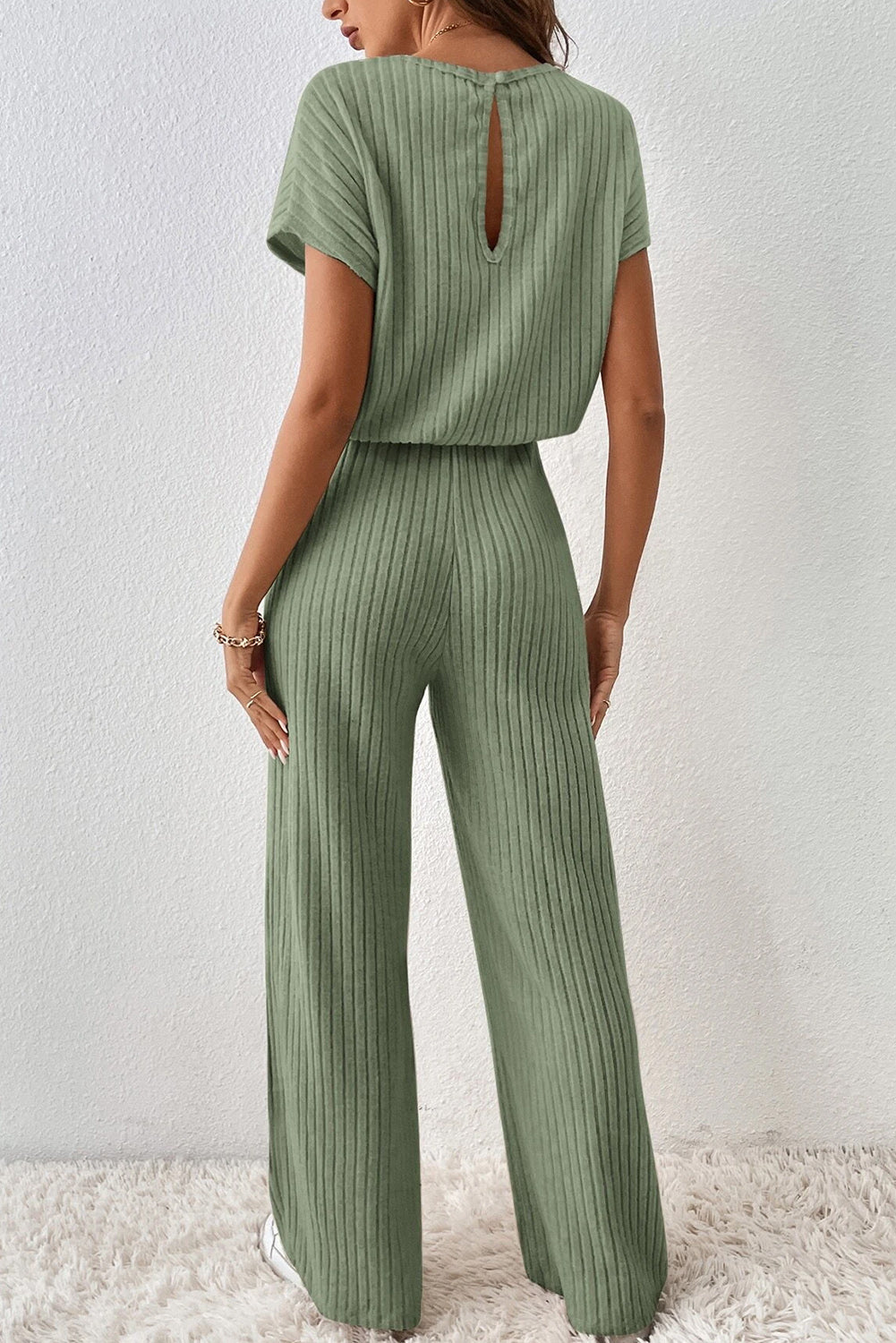 Grass Green Solid Color Ribbed Short Sleeve Wide Leg Jumpsuit-1