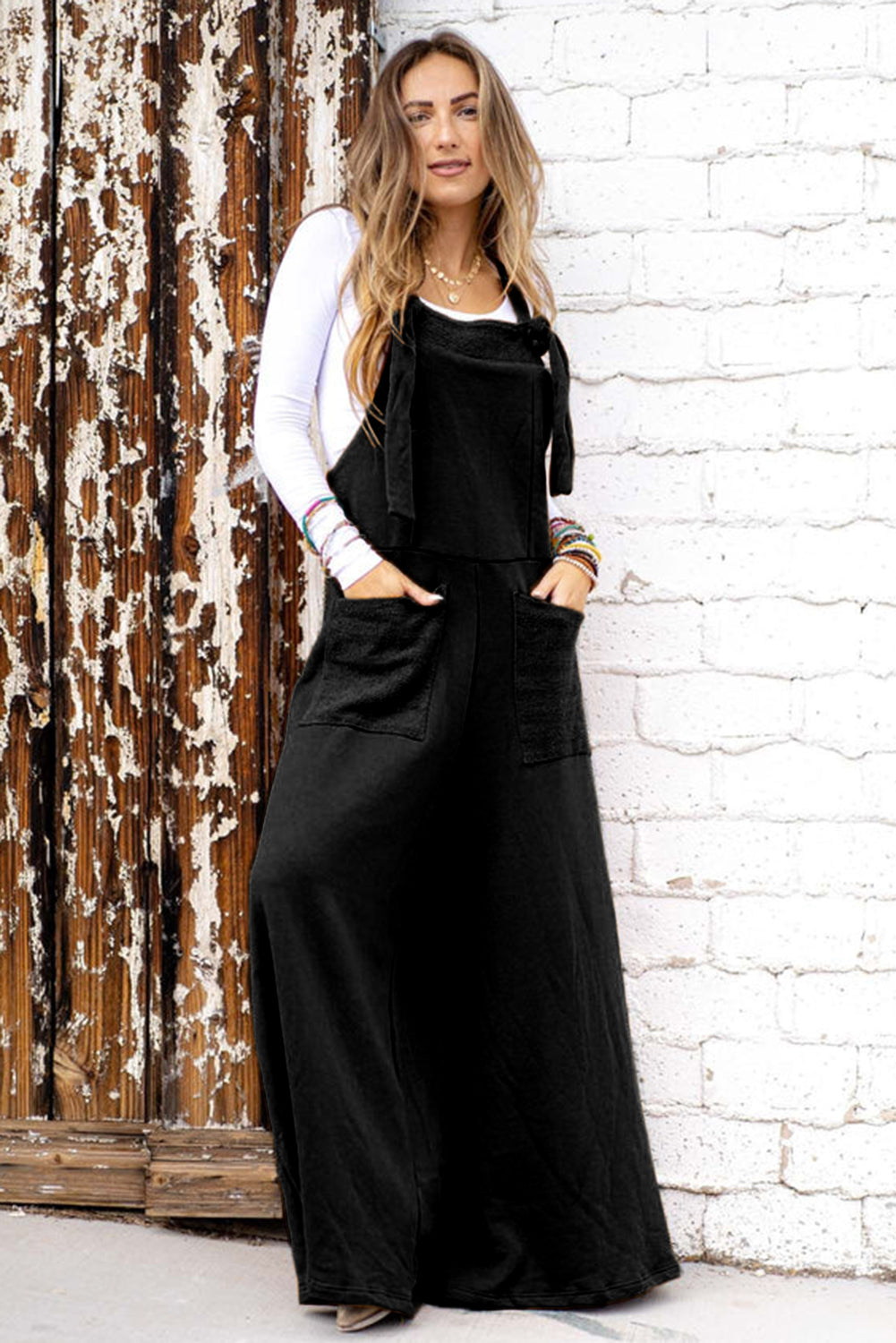 Black Knotted Straps Patch Pocket Wide Leg Jumpsuit-4