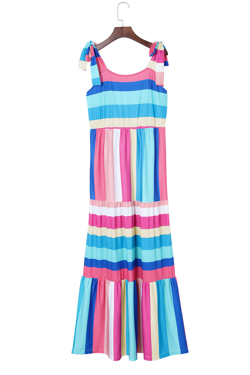 Multicolor Color Block Striped Bow Knot Straps Maxi Dress-13