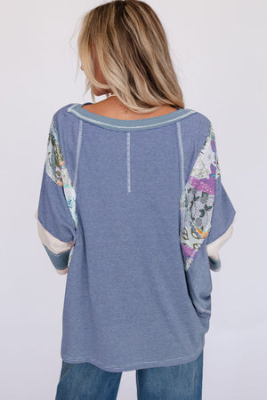 Sky Blue Printed Pinstriped Color Block Patchwork Oversized Top-1