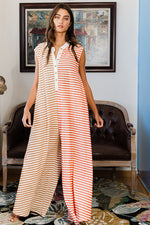 Orange Stripe Oversized Buttoned Front Sleeveless Wide Leg Jumpsuit-4