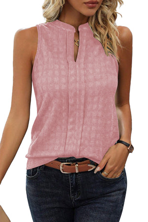 Pink Lattice Textured Split Neck Tank Top-4