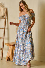 Blue Boho Paisley Print Off Shoulder Maxi Dress-8