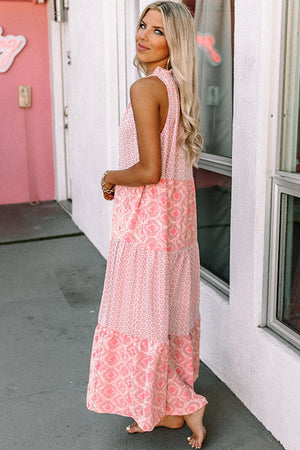 Pink Abstract Print Split Neck Sleeveless Maxi Dress-10