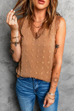 Brown Swiss Dot Lace Stitching V Neck Tank Top-2