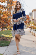 Leopard Splicing High Waist Long Sleeve Dress-3