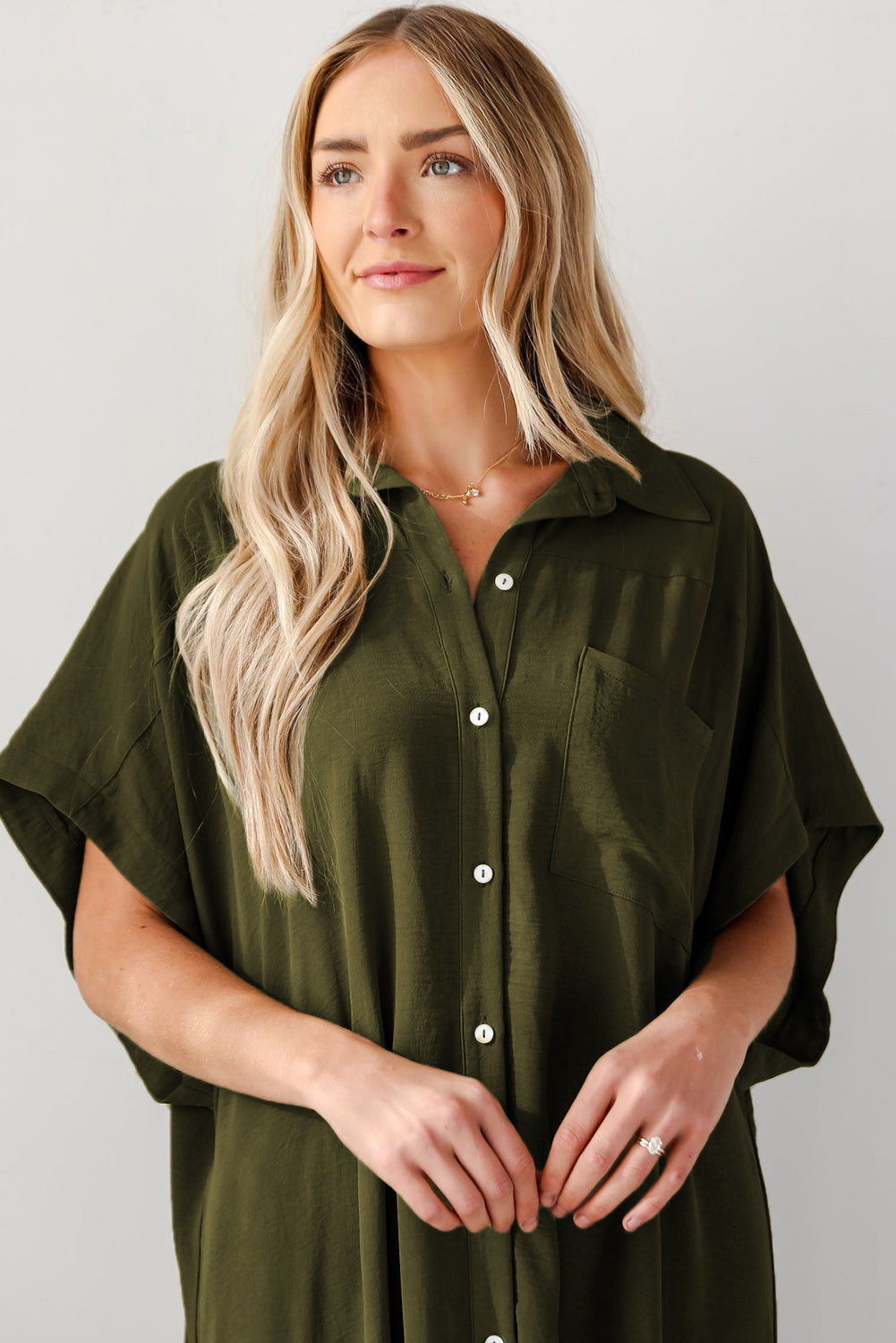 Jungle Green Loose High Low Side Slits Short Sleeve Shirt Dress-9