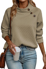 Apricot Quilted Buttoned Neckline Stand Neck Pullover Sweatshirt-3