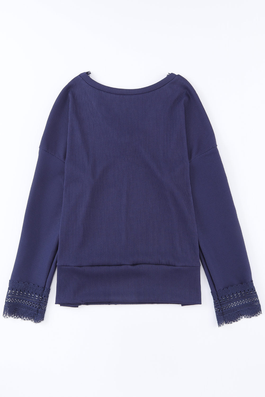 Blue Ribbed Texture Lace Trim V Neck Long Sleeve Top-5