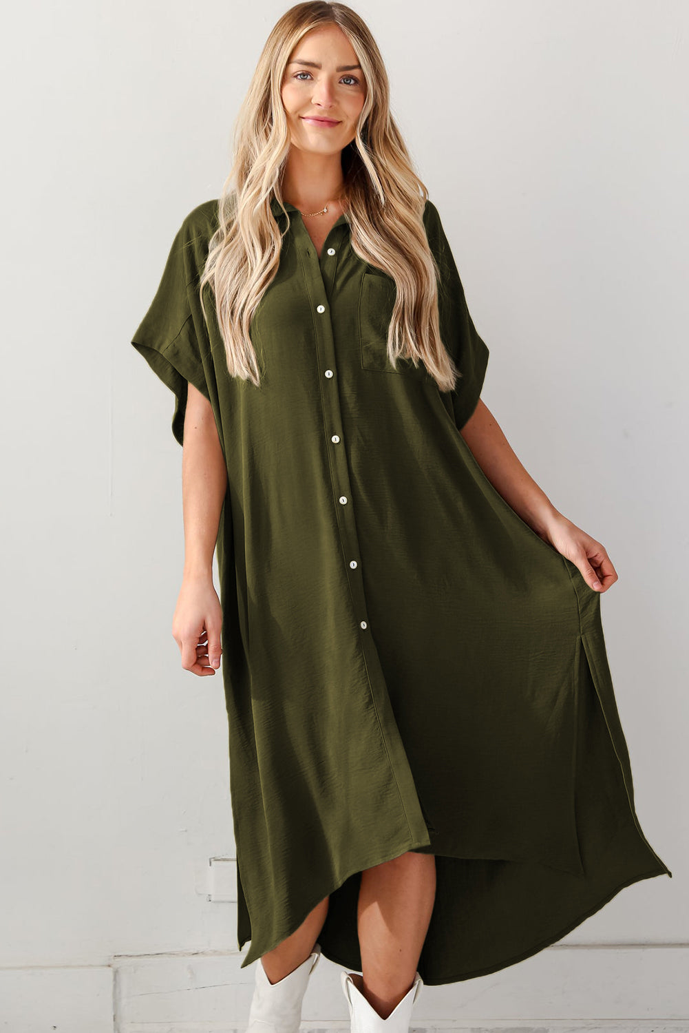 Jungle Green Loose High Low Side Slits Short Sleeve Shirt Dress-4