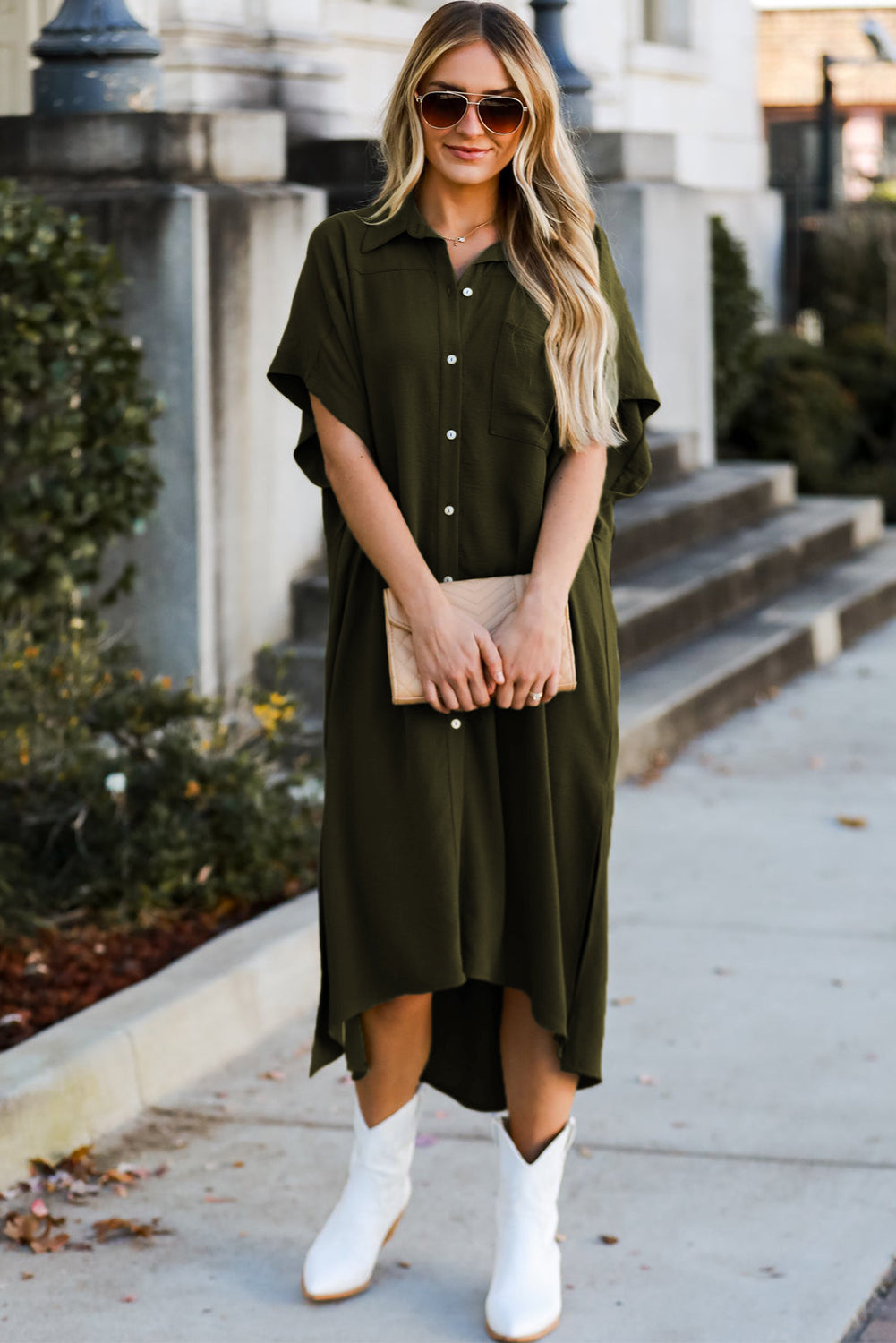 Jungle Green Loose High Low Side Slits Short Sleeve Shirt Dress-8