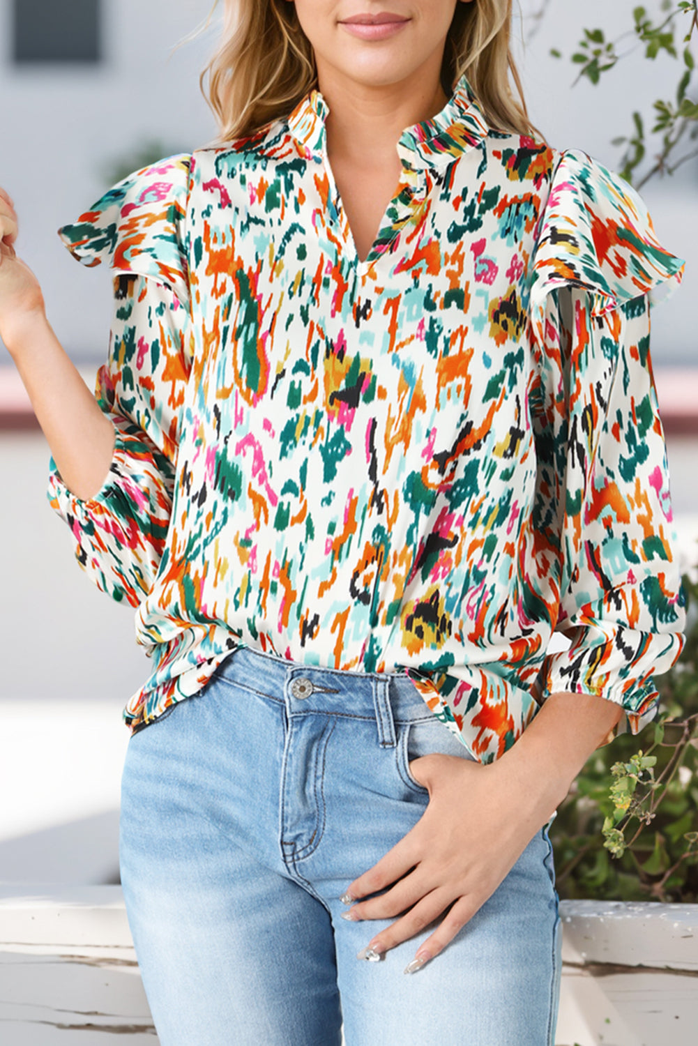 Multicolor Abstract Print 3/4 Puff Sleeve Ruffle Blouse-5