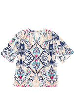 White Abstract Printed Notched V Neck Split Half Sleeve Blouse-9