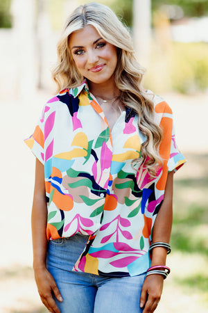 Multicolour Abstract Leafy Print Short Sleeve Shirt-1