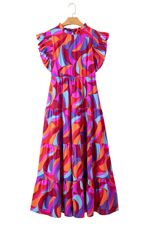 Orange Abstract Printed High Waist Ruffle Tiered Long Dress-18