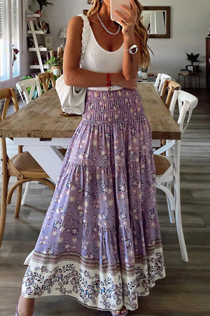 Purple Floral Print Shirred High Waist Maxi Skirt-1