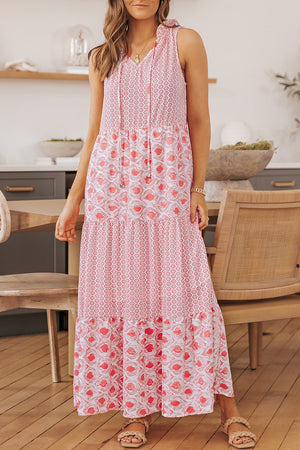 Pink Abstract Print Split Neck Sleeveless Maxi Dress-7