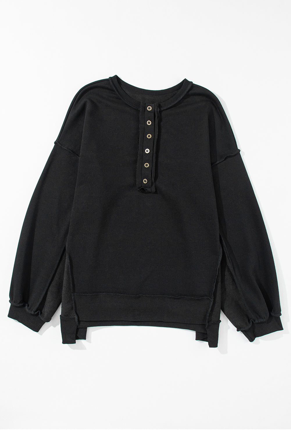 Black Oversized Exposed Seam Henley Sweatshirt-12