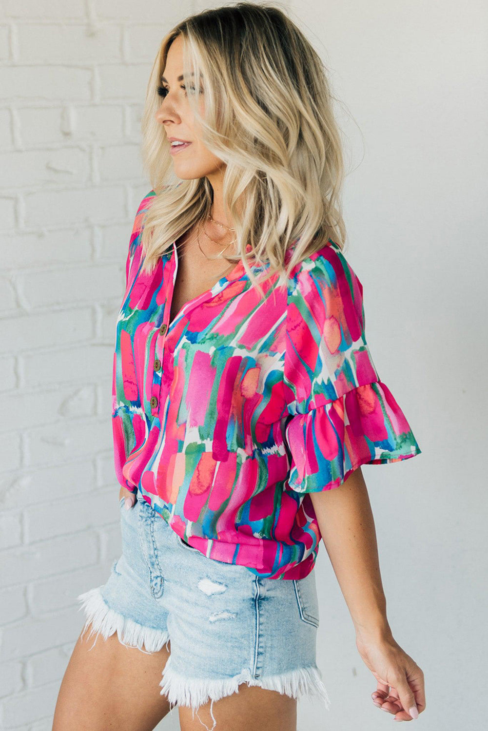 Rose Abstract Brushwork Print Buttoned V Neck Blouse-2