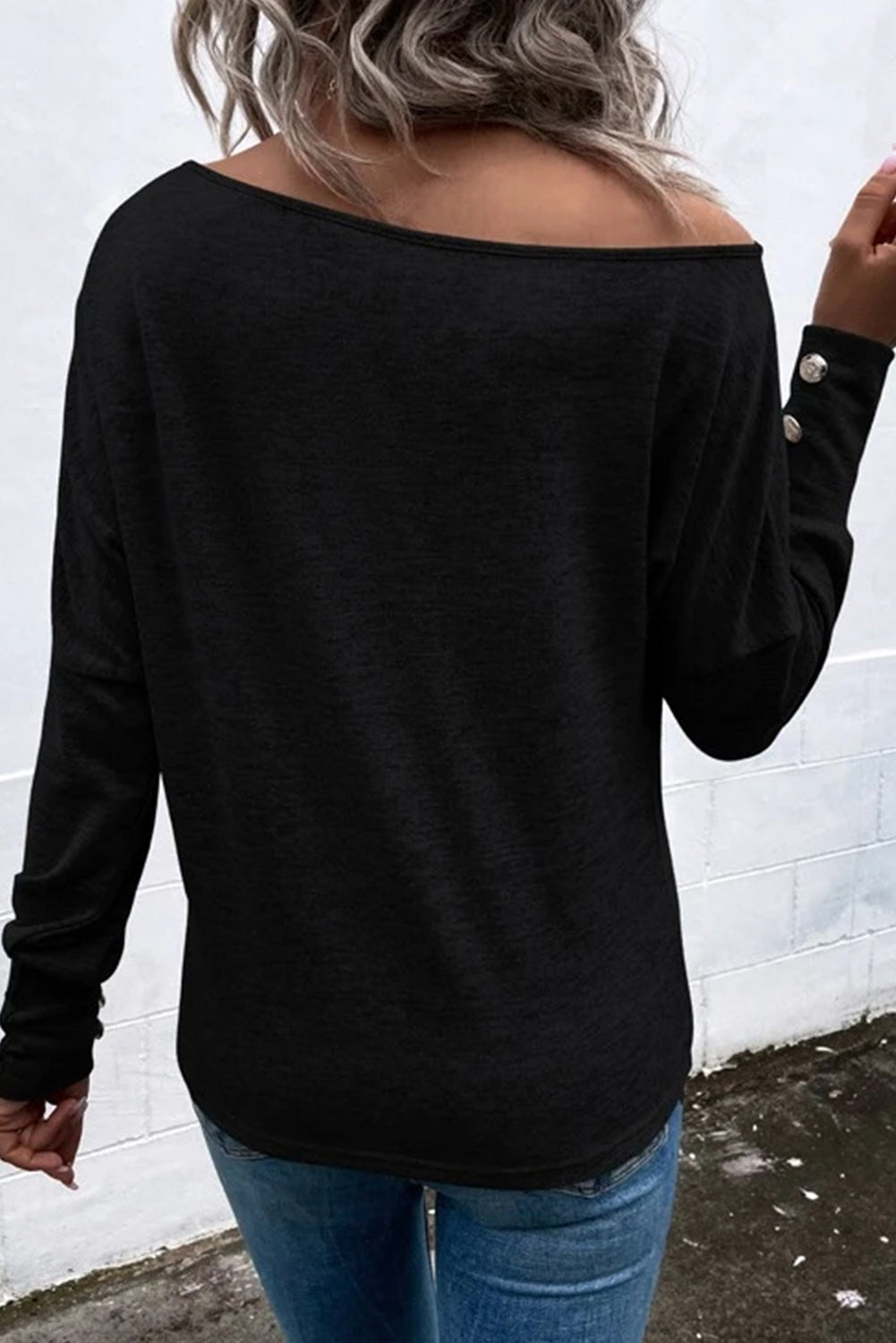 Black Asymmetrical Cut Out Buttoned Long Sleeve Top-1