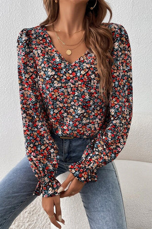 Red V Cut Lace Patch Tie-up Ruffled Puff Sleeve Floral Blouse-9