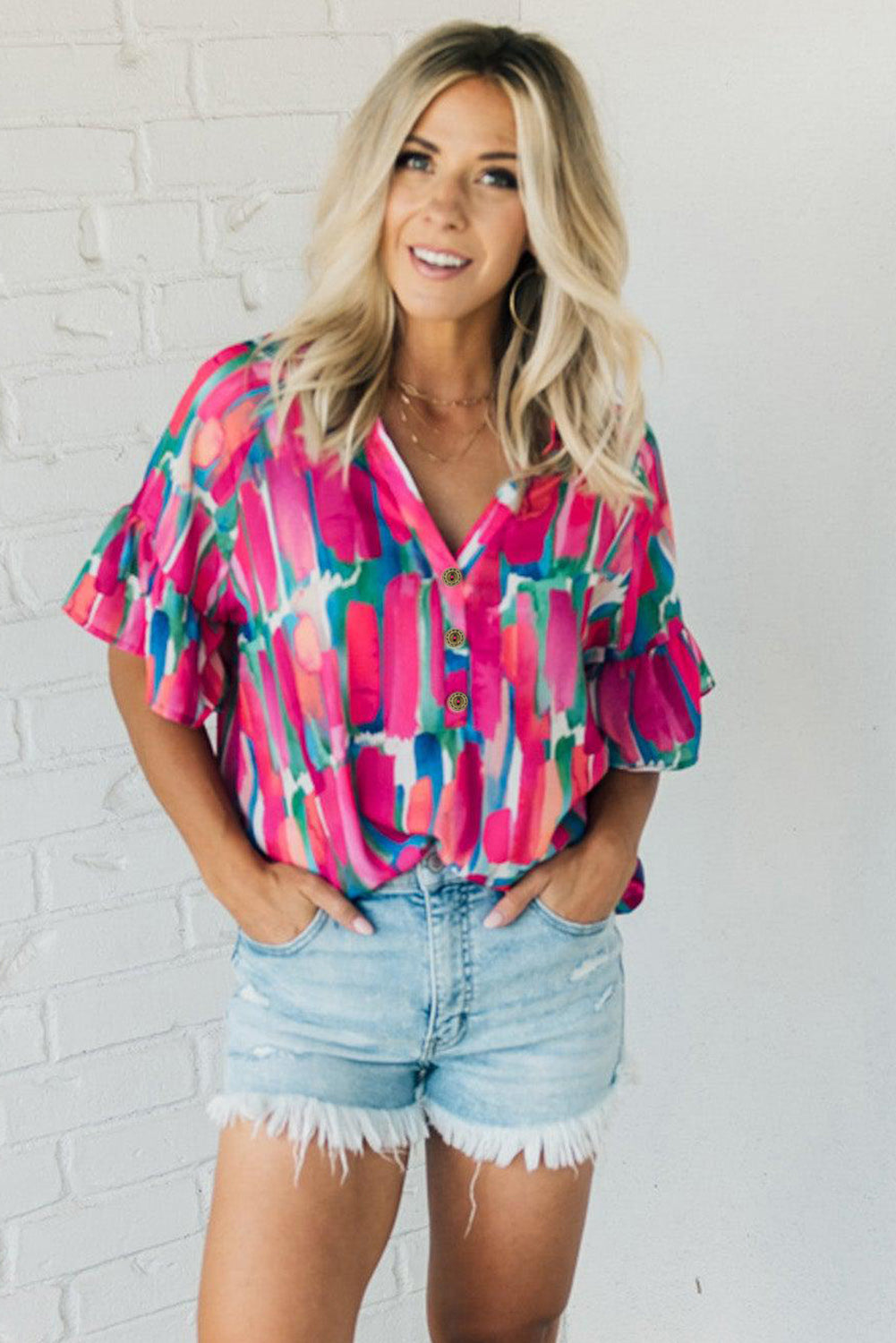 Rose Abstract Brushwork Print Buttoned V Neck Blouse-6