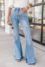 Sky Blue High Waist Buttoned Distressed Flared Jeans-5