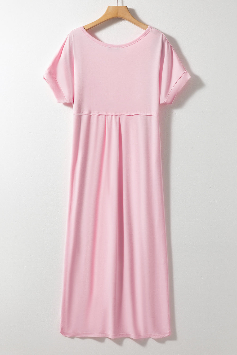 Pink V Neck Hidden Pocket Splits Maxi T-shirt Dress-4