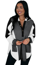 Black Color Block Exposed Seam Buttoned Neckline Hoodie-11