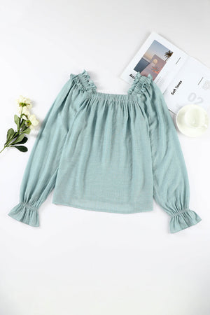 Green Ruffled Square Neck Cuffs Long Sleeve Blouse-10
