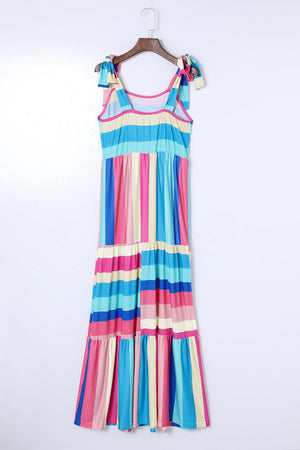 Multicolor Color Block Striped Bow Knot Straps Maxi Dress-7