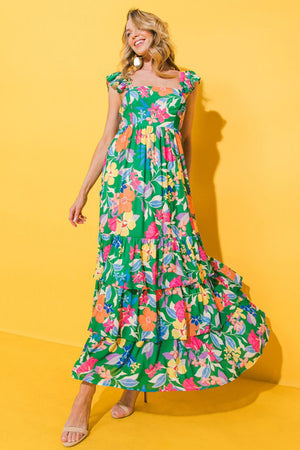 Green Floral Print Sleeveless Ruffle Tiered Maxi Dress-5